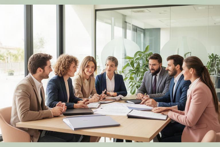 Equipo de abogados reunido en una oficina luminosa de Xirivella revisando documentos jurídicos